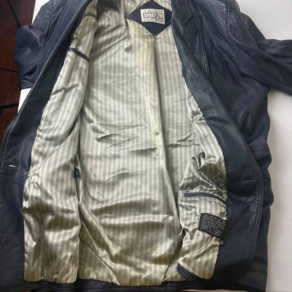 Estival Leather Jacket Mens 42 Tall Navy Blue Double Breasted Blazer Outdoor